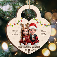 Gift For Couples,Gift For Husband,Gift For Wife,Gift For Boyfriend,Gift For Girlfriend,Christmas,Happy - Two Hearts Locked In Love Couple - Personalized 2-Layered Wooden Ornament