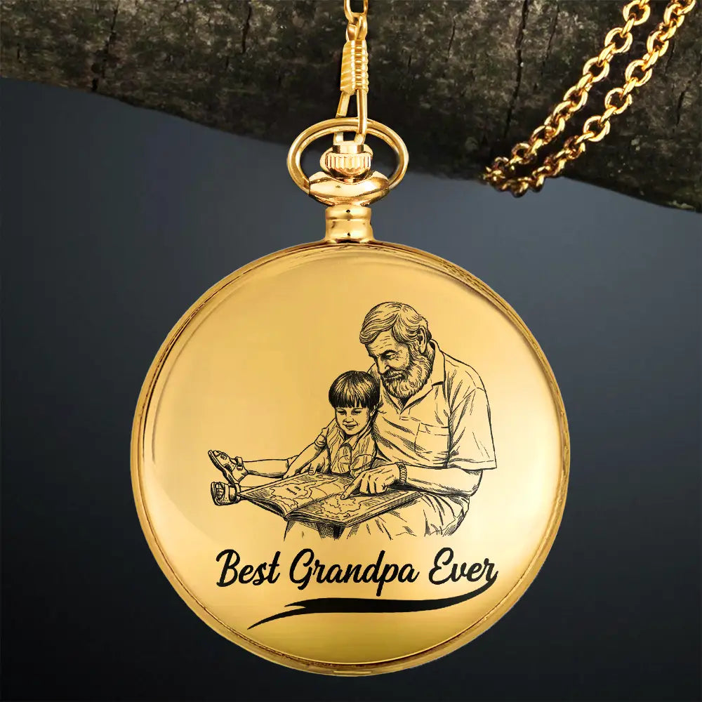 Custom Photo Pencil Drawing Best Dad Grandpa Ever - Personalized Pocket Watch