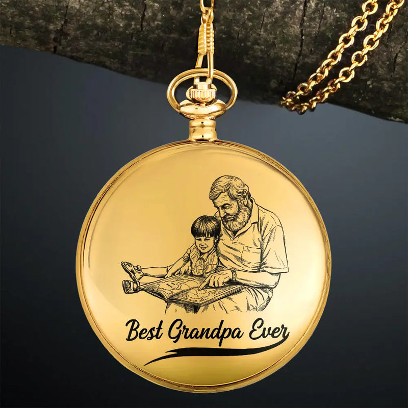 Custom Photo Pencil Drawing Best Dad Grandpa Ever - Personalized Pocket Watch