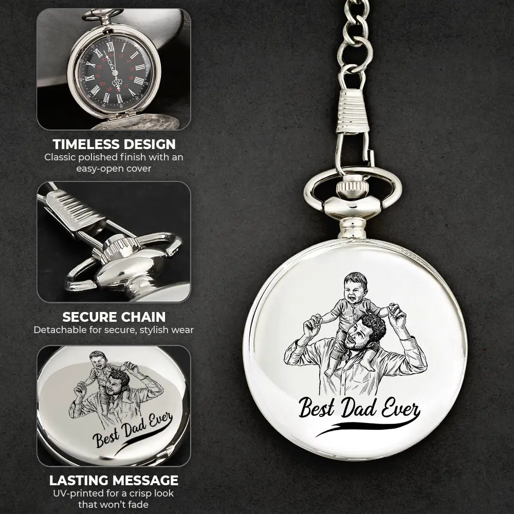 Custom Photo Pencil Drawing Best Dad Grandpa Ever - Personalized Pocket Watch