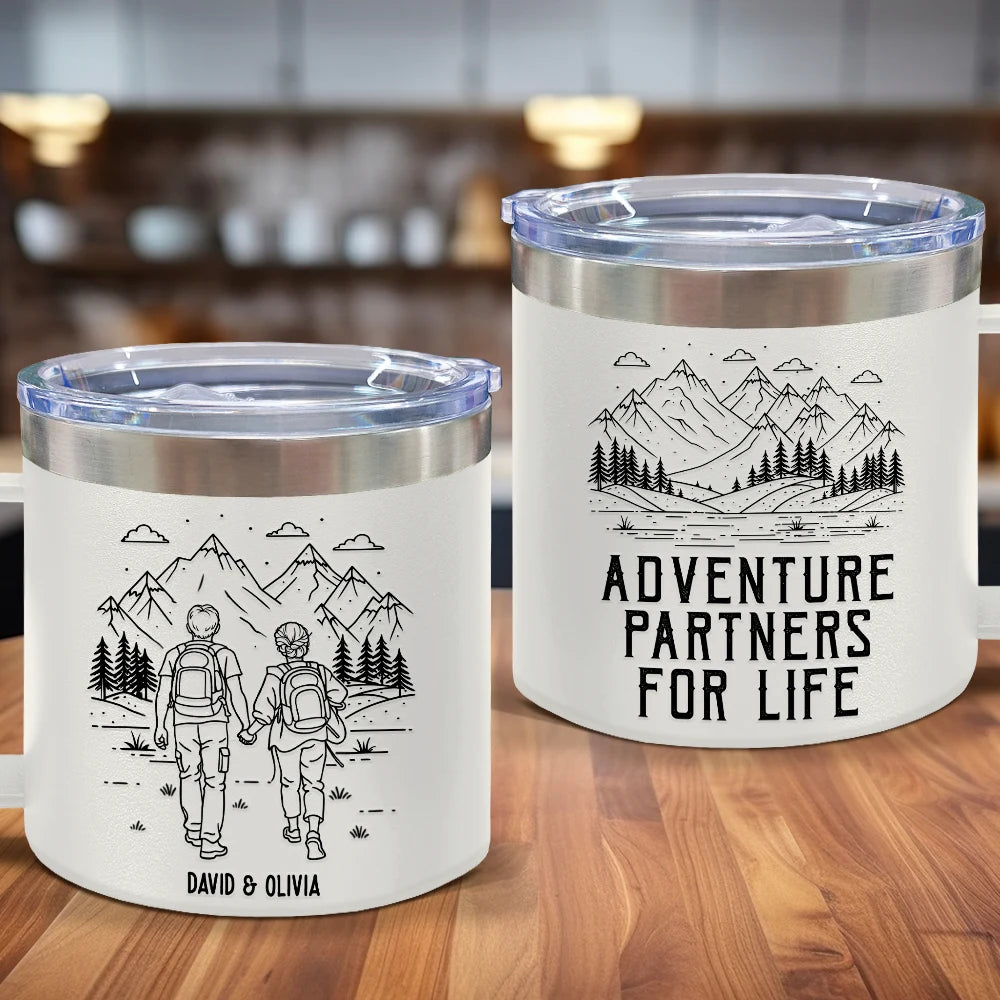 Gift For Couples,Old Couples,Gift For Husband,Gift For Wife,Gift For Boyfriend,Gift For Girlfriend,Happy - Adventure Partners For Life - Personalized 14oz Stainless Steel Tumbler With Handle