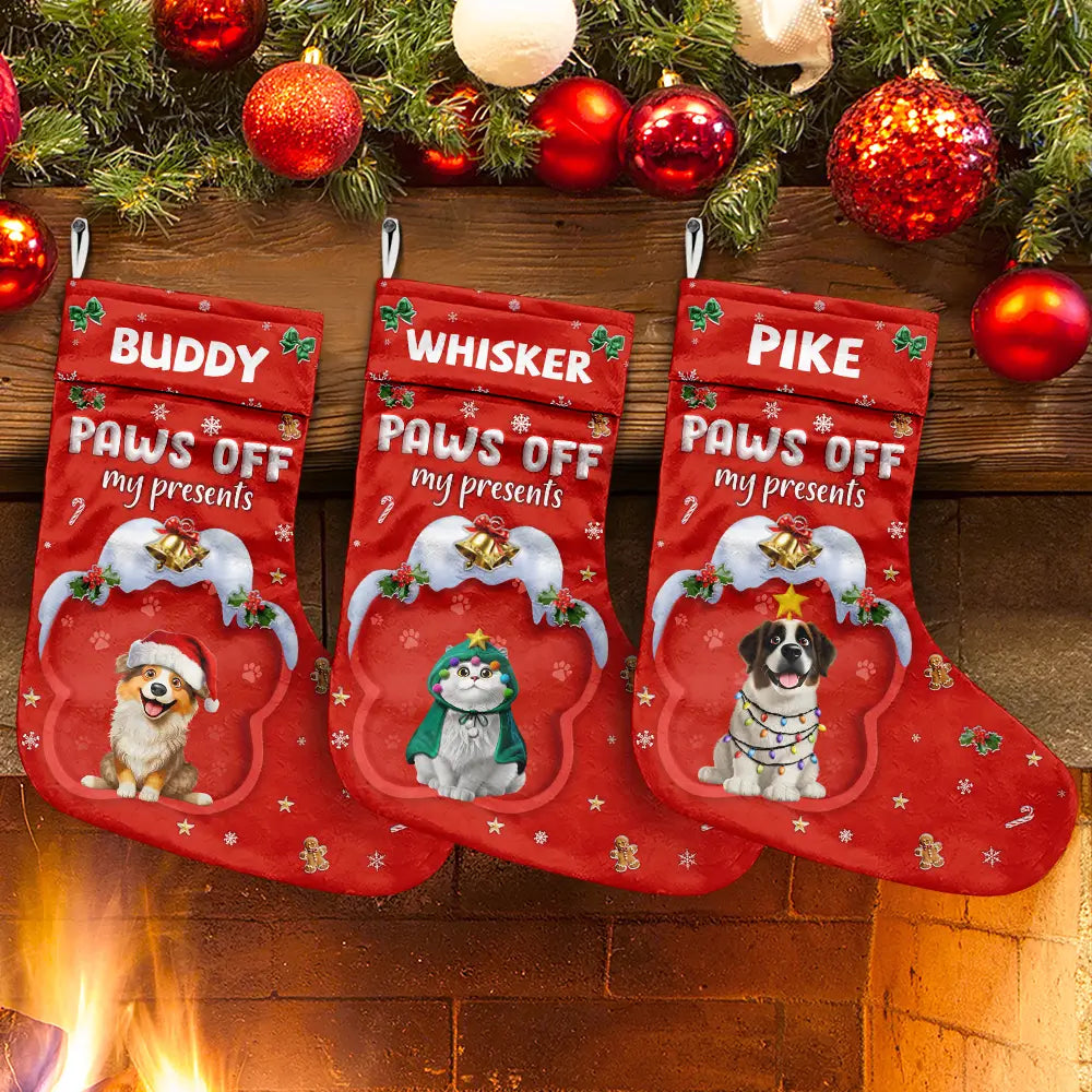 Dog Lovers, Dog Mom, Dog Dad, Dog Couple, Christmas, Happy - Paws Off My Presents 3D Effect Christmas Dog - Personalized Christmas Stocking
