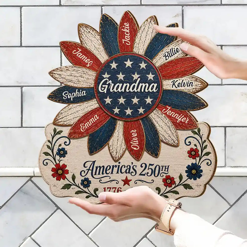 America 250th,Independence Day,Gift For Grandma,Top Market,Adorable,Custom Text - US Flag Grandma Sunflower 250th Anniversary - Personalized Custom Shaped Wood Sign