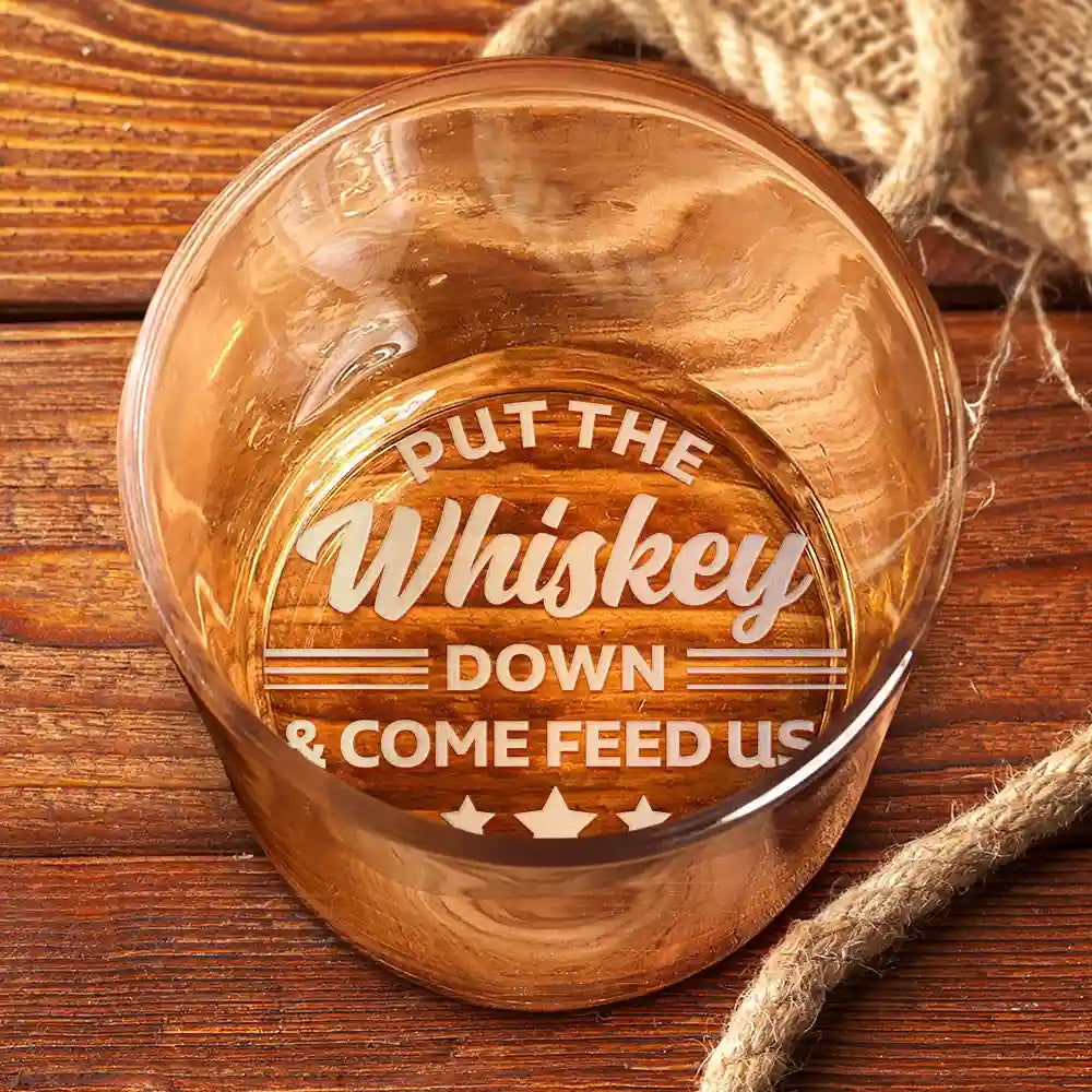 Pet Dad,Dog Dad,Cat Dad - Custom Photo Put The Drink Down And Come Feed Us Funny Pet Dad - Personalized Engraved Whiskey Glass