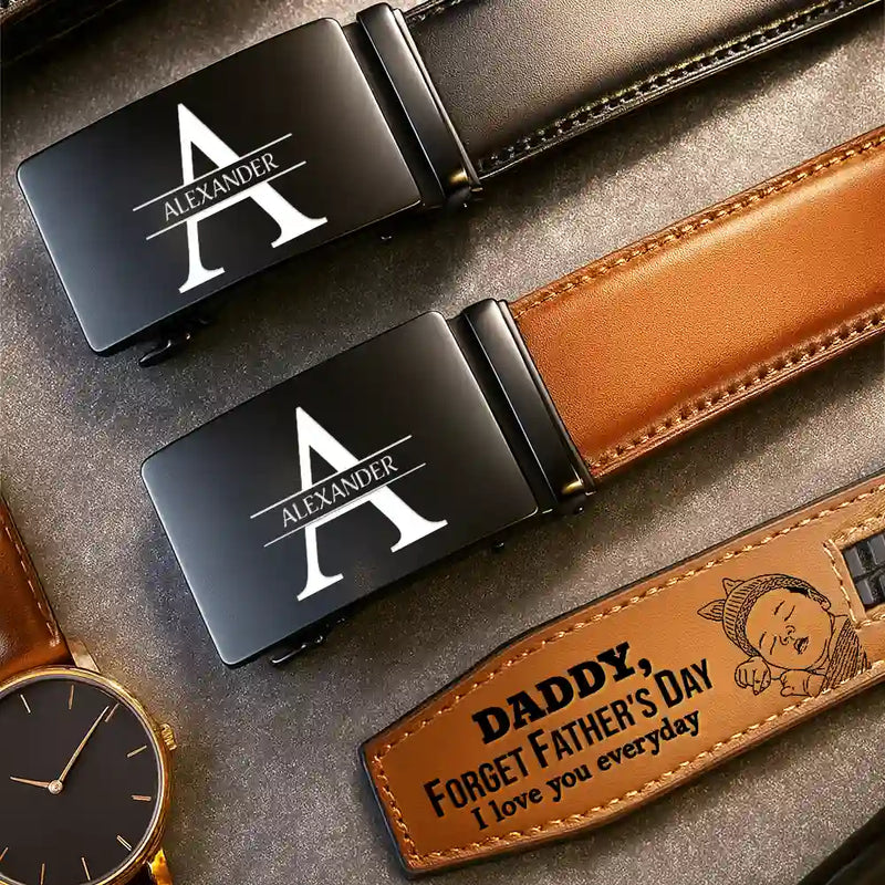 Gift For Father,Gift For Grandpa,Happy,Custom Photo - Custom Photo Outline Sketch Forget Father's Day We Love You Everyday - Personalized Leather Belt With Engraved Buckle