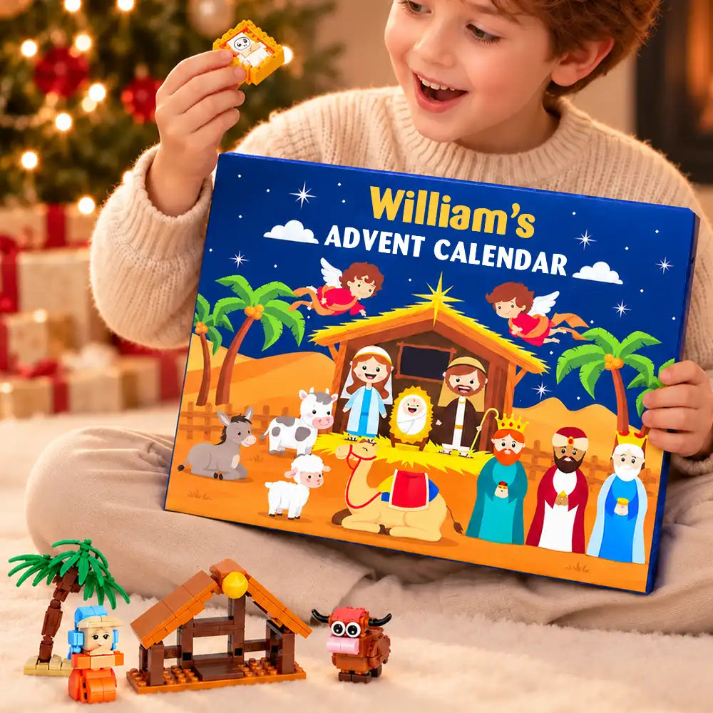 Christian, Christianity, Christmas, Custom Text, Devoted, Gift For Kids - Custom Name Nativity Building Brick Blocks - Personalized Christmas Countdown Advent Calendar