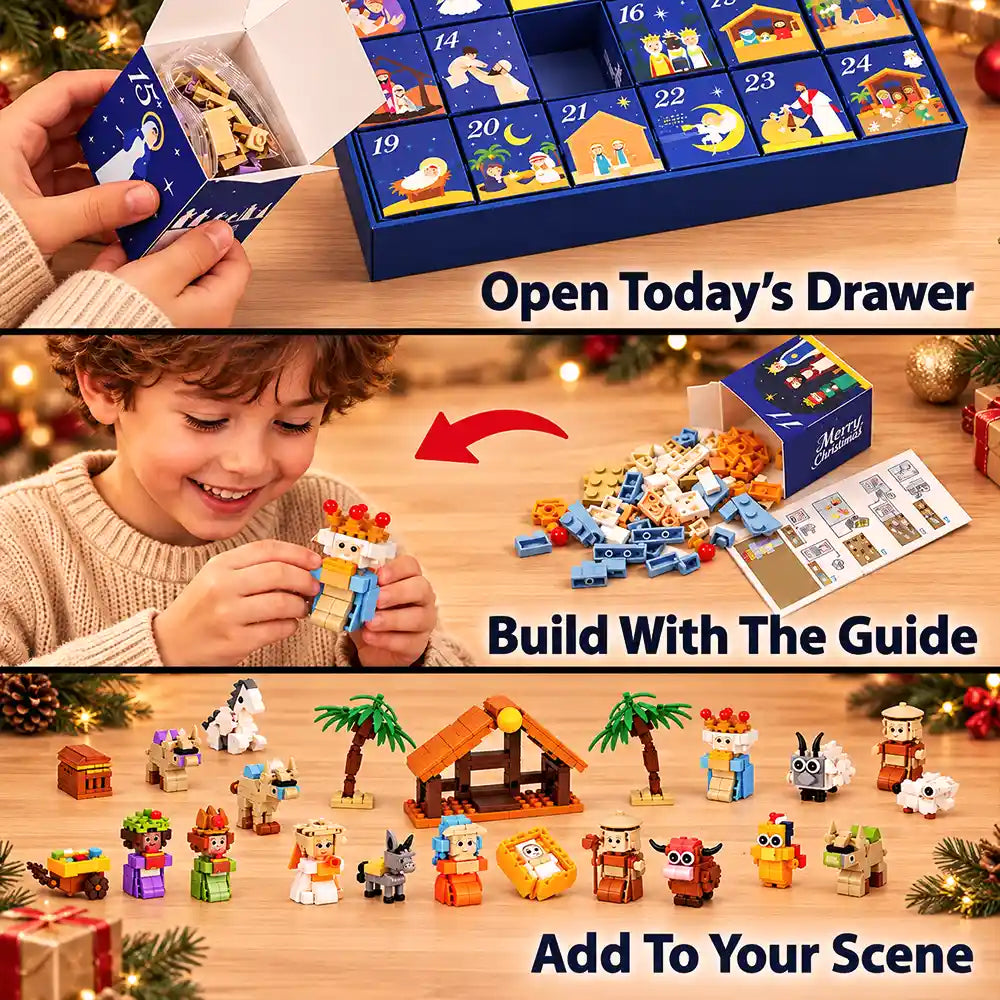 Christian, Christianity, Christmas, Custom Text, Devoted, Gift For Kids - Custom Name Nativity Building Brick Blocks - Personalized Christmas Countdown Advent Calendar
