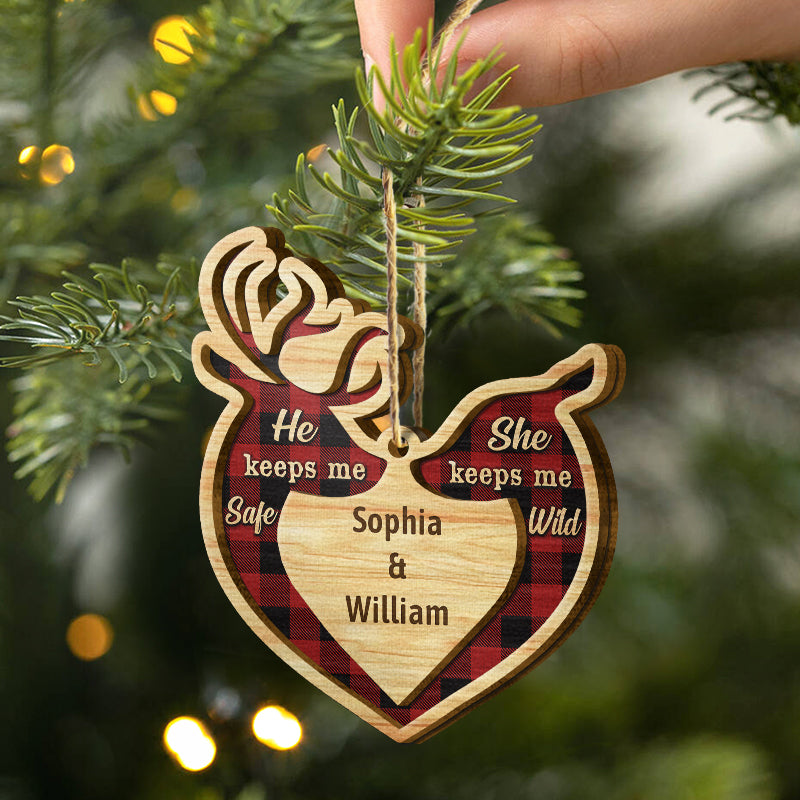 Deer Couple He Keeps Me Safe - Christmas Gift For Couple - Personalized Custom 2 Layered Wooden Ornament