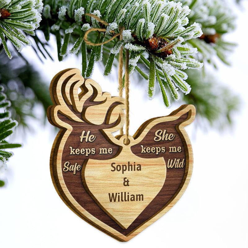 Deer Couple He Keeps Me Safe - Christmas Gift For Couple - Personalized Custom 2 Layered Wooden Ornament