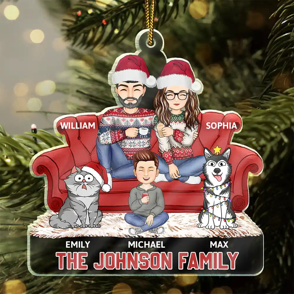 Cartoon Couple With Kids And Pets - Personalized Cutout Acrylic Ornament