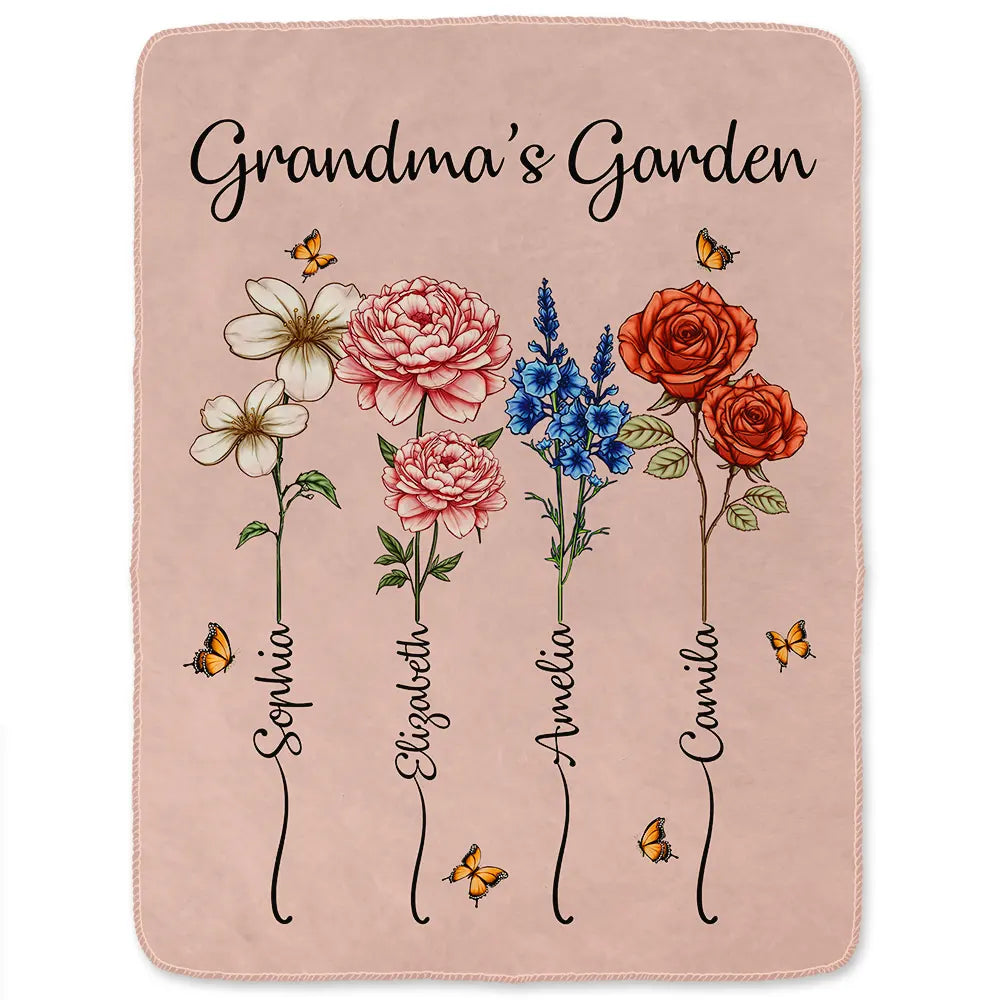 Gift For Grandma, Gift For Women, Gift For Mother - Grandma's Garden Birth Flower Bouquet - Personalized Fleece Blanket, Sherpa Blanket
