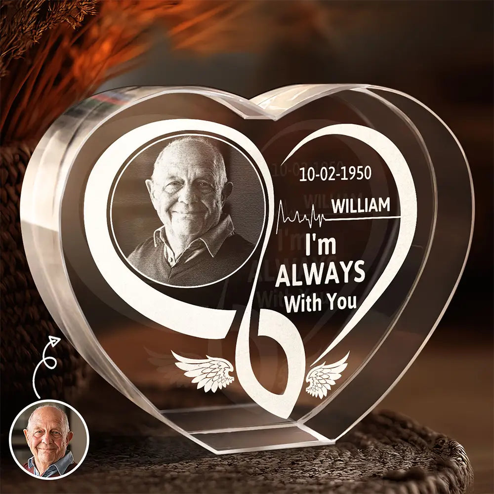 Memorial - Custom Photo Memorial I'm Always With You Forever In Heart - Personalized Crystal Heart