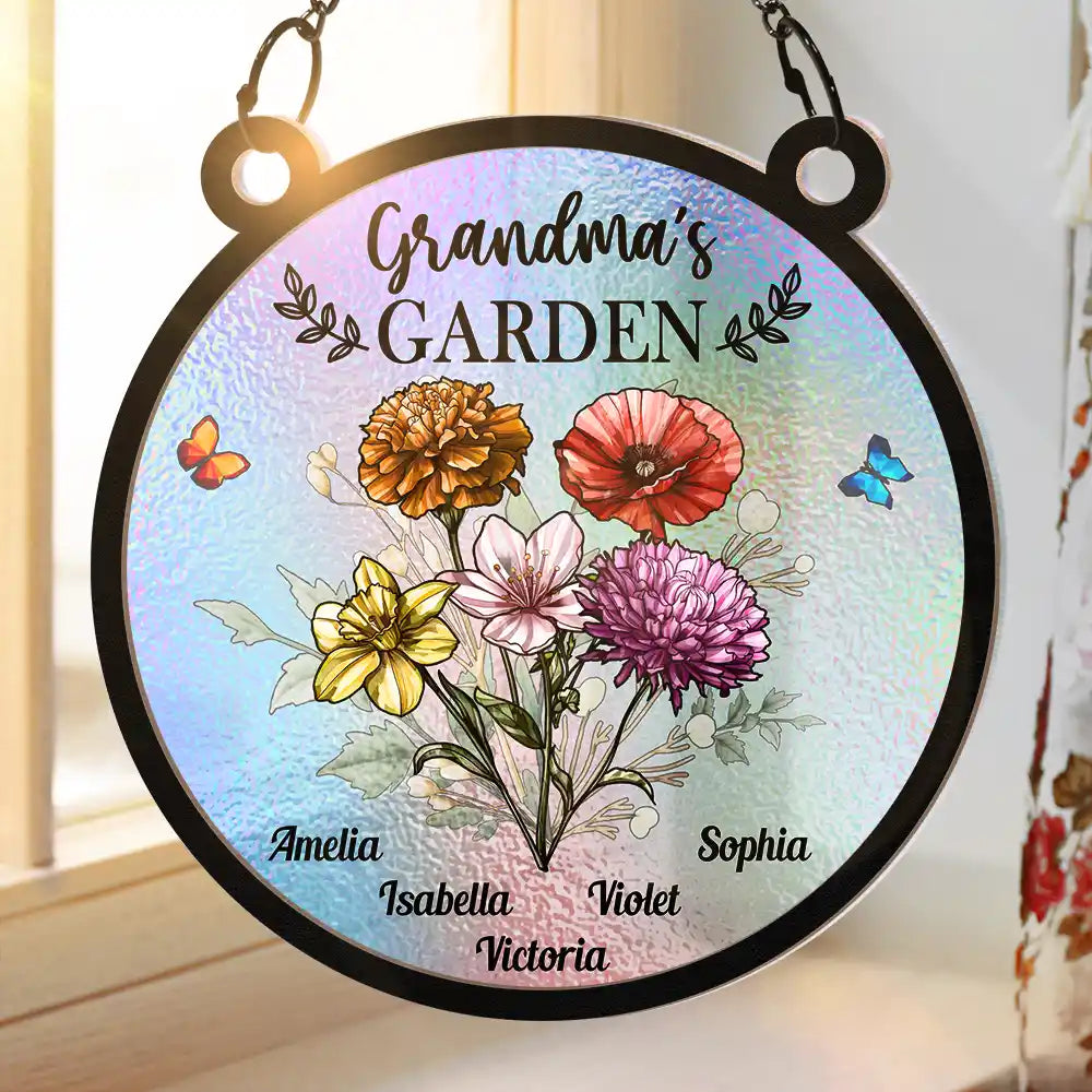 Holography Grandma's Garden Birth Flower - Personalized Window Hanging Suncatcher Ornament
