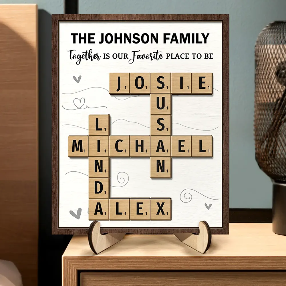 Family,Happy,Parents,Gift For Mother,Gift For Father,Gift For Women,Gift For Men,Gift For Grandpa,Gift For Grandma - Crossword Together Is Our Favorite Place To Be - Personalized 2-Layered Wooden Plaque With Stand