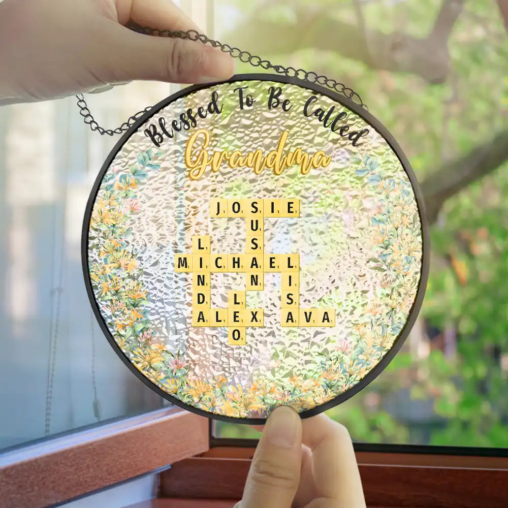 Family,Happy,Gift For Mother,Gift For Women,Gift For Grandma,Crossword - Crossword Blessed To Be Called Grandma - Personalized Stained Glass Window Hanging Suncatcher