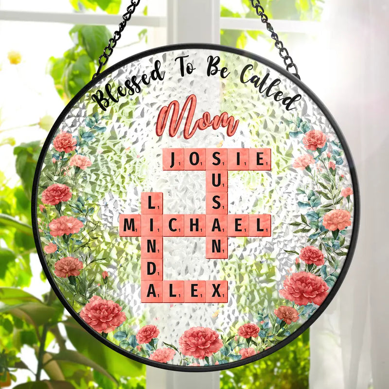 Family,Happy,Gift For Mother,Gift For Women,Gift For Grandma,Crossword - Crossword Blessed To Be Called Grandma - Personalized Stained Glass Window Hanging Suncatcher