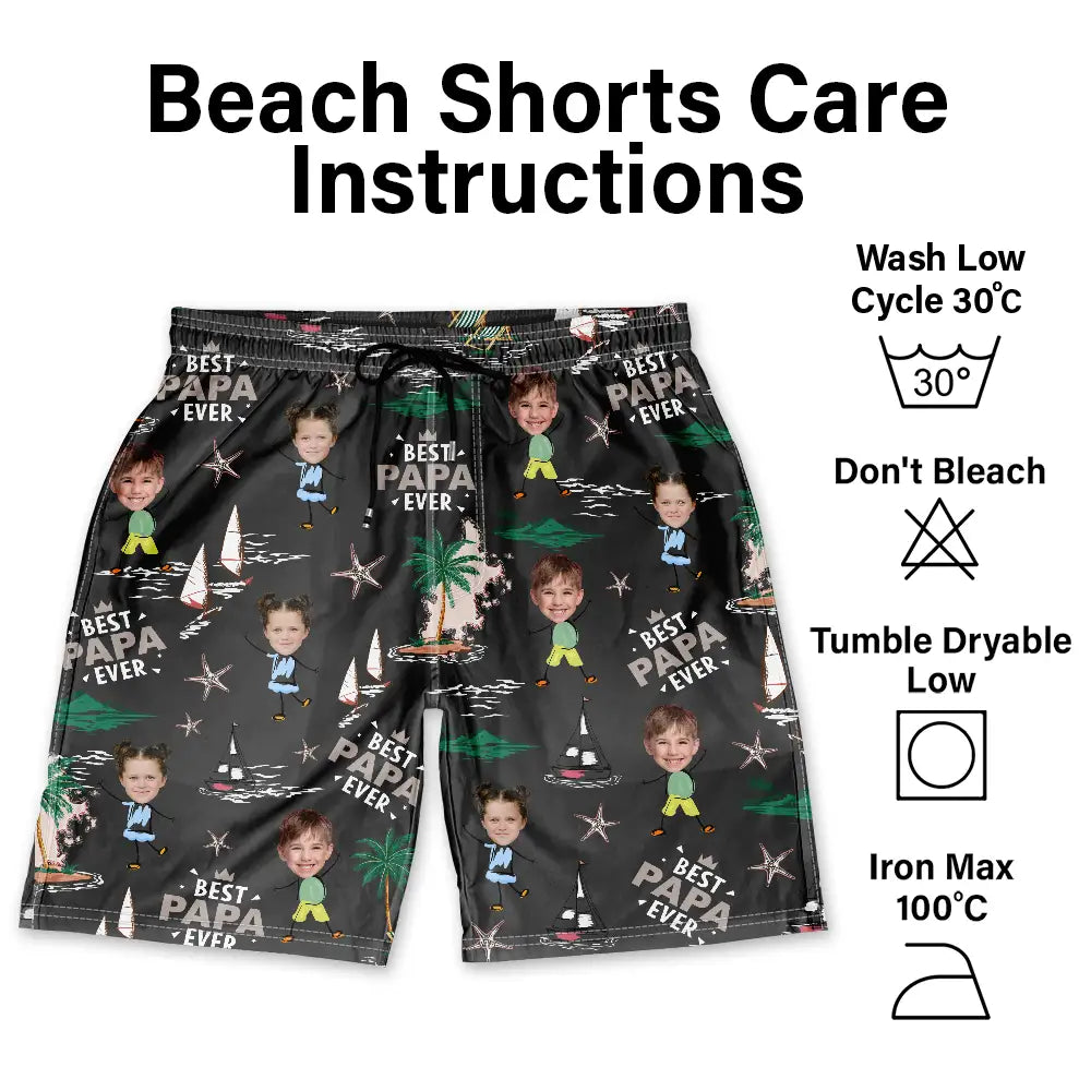 Gift For Father,Gift For Grandpa,Non-Eng,Photo,Confident - Custom Photo Best Dad Ever Palm Tree And Sailing - Personalized Unisex Beach Shorts