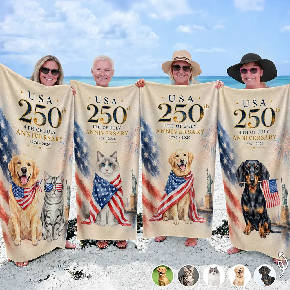 Custom Photo Watercolor With US Accessories 250th Anniversary Fourth Of July - Personalized Beach Towel