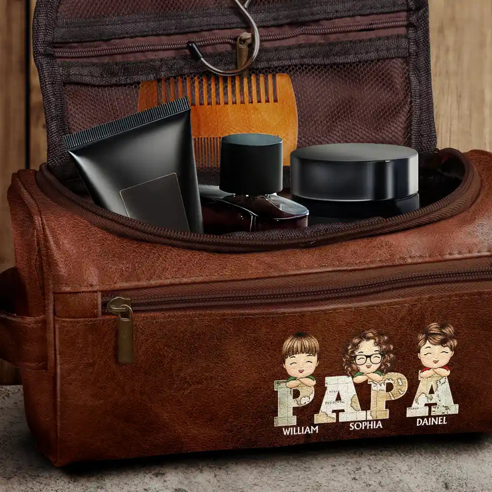 Gift For Grandpa,Gift For Father,Happy - Vintage Map Titles Chibi Kids - Personalized Leather Toiletry Bag