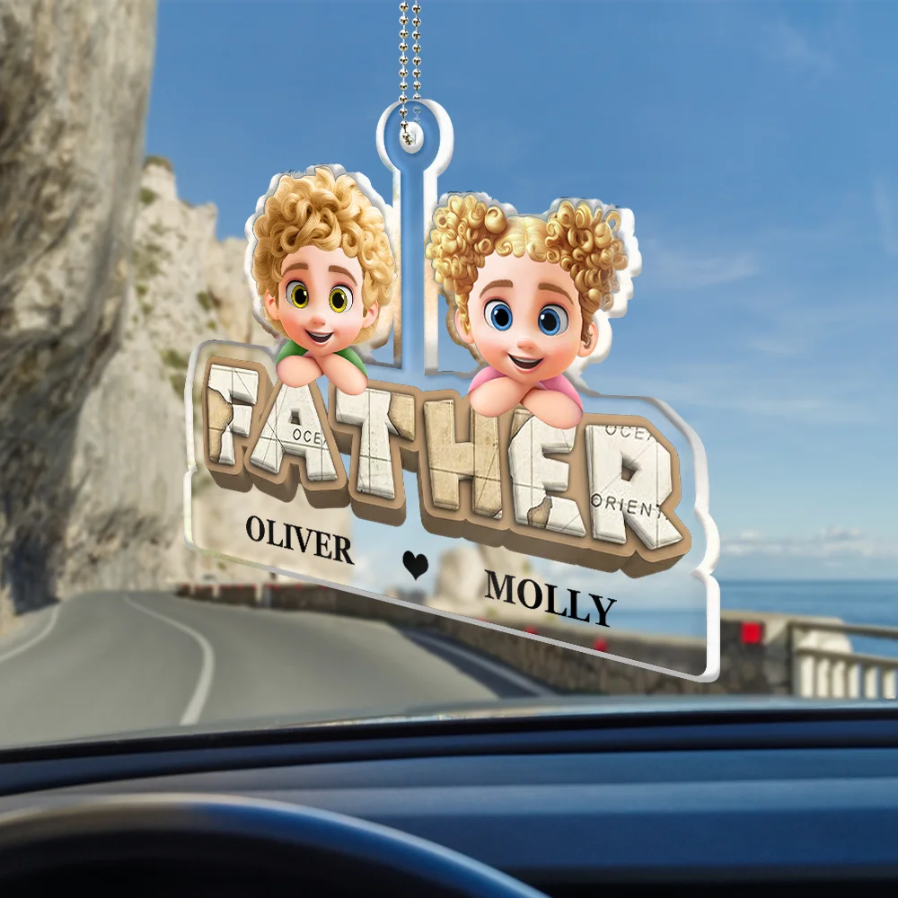 Gift For Grandpa,Grandpa - Grandkids,Gift For Father,Dad - Children,Non-Eng,Vector,Adorable - Vintage Map Grandpa Papa Dad 3D Effect Kids - Personalized Acrylic Car Hanger