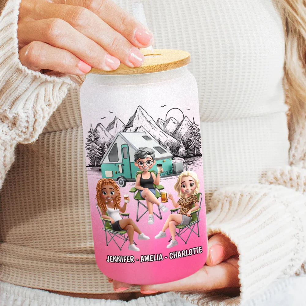 Camping, Campsite, Gift For Bestie, Happy - Warning The Girls Are Drinking Again Camping - Personalized Ombre Frosted Glass Can