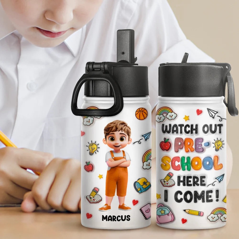 Gift For Kids,Gift For Grandkids,Back To School,Happy - Watch Out Kindergarten Here I Come - Personalized Kids Water Bottle