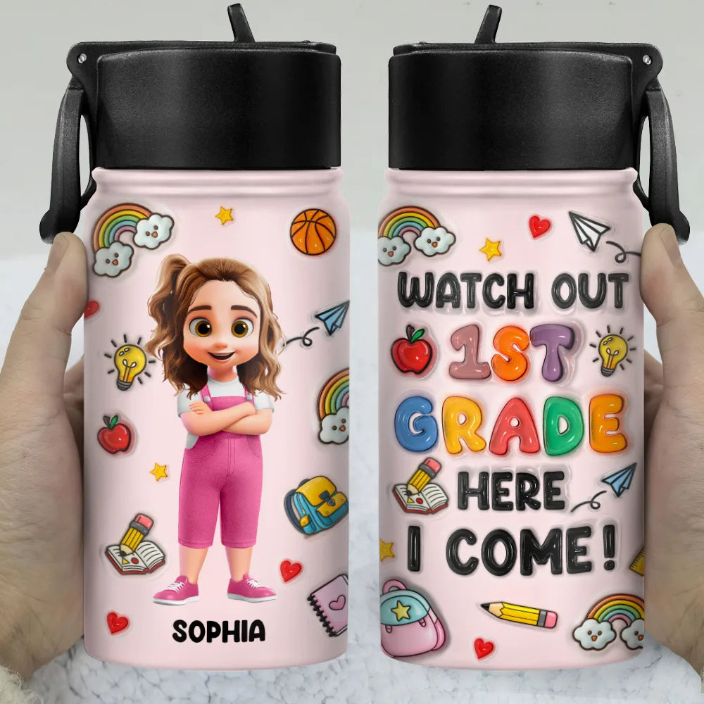 Gift For Kids,Gift For Grandkids,Back To School,Happy - Watch Out Kindergarten Here I Come - Personalized Kids Water Bottle