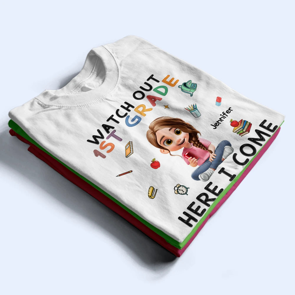 Gift For Kids,Gift For Grandkids,Back To School,Happy -  Watch Out Kindergarten Here I Come Sitting Kid - Personalized T Shirt 