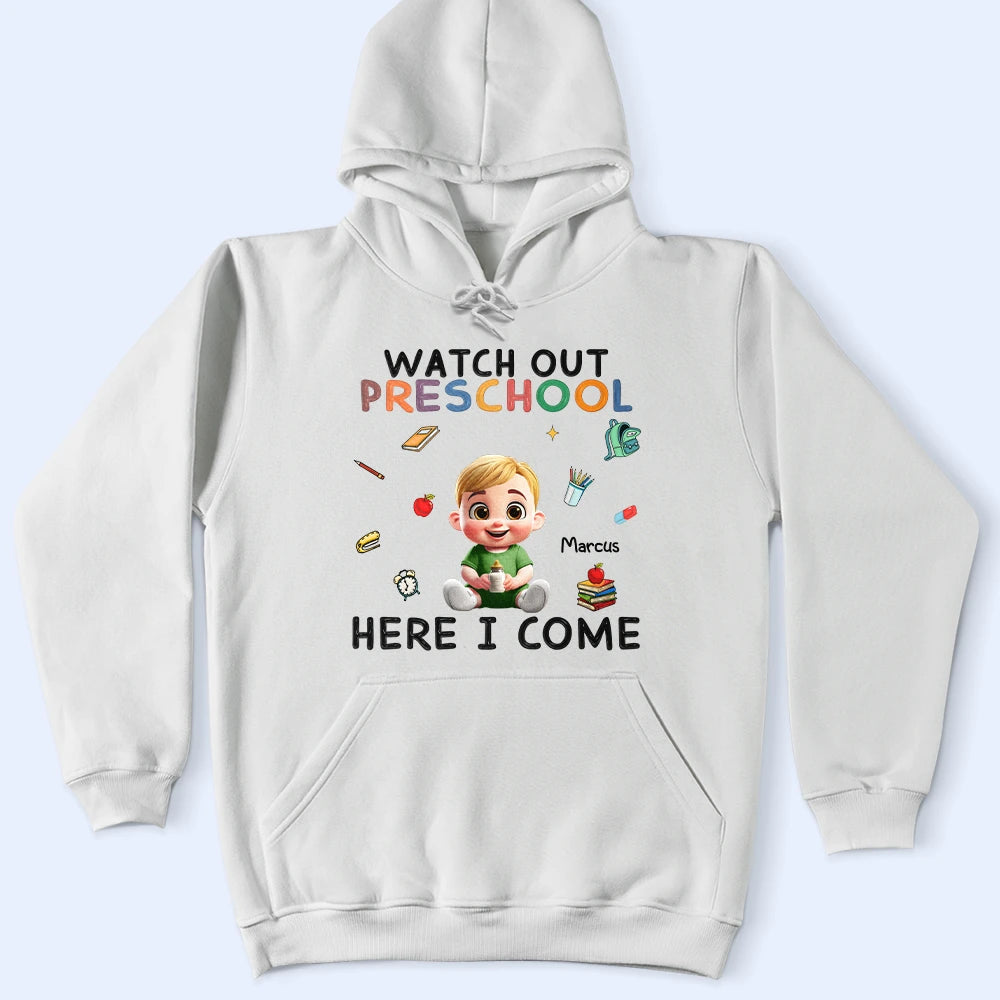 Gift For Kids,Gift For Grandkids,Back To School,Happy -  Watch Out Kindergarten Here I Come Sitting Kid - Personalized T Shirt 