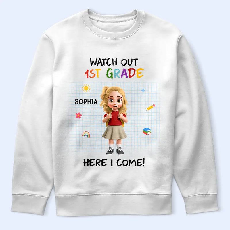 Adorable,Back To School,Gift For Kids,Vector - Watch Out Kindergarten Kid With Backpack - Personalized T Shirt