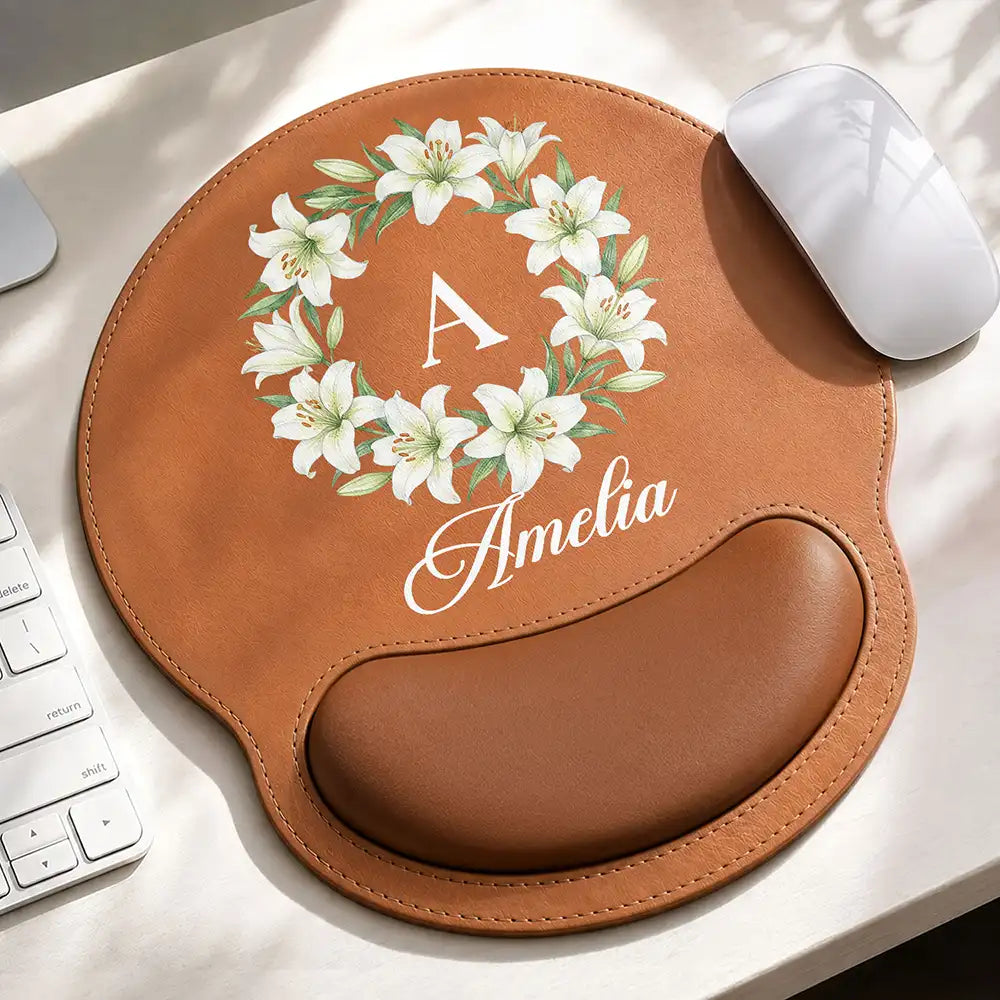Gift For Yourself,Gift For Women,Confident,Icon - Watercolor Birth Flower Custom Name - Personalized Leather Mouse Pad