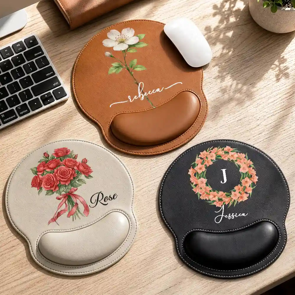 Gift For Yourself,Gift For Women,Confident,Icon - Watercolor Birth Flower Custom Name - Personalized Leather Mouse Pad