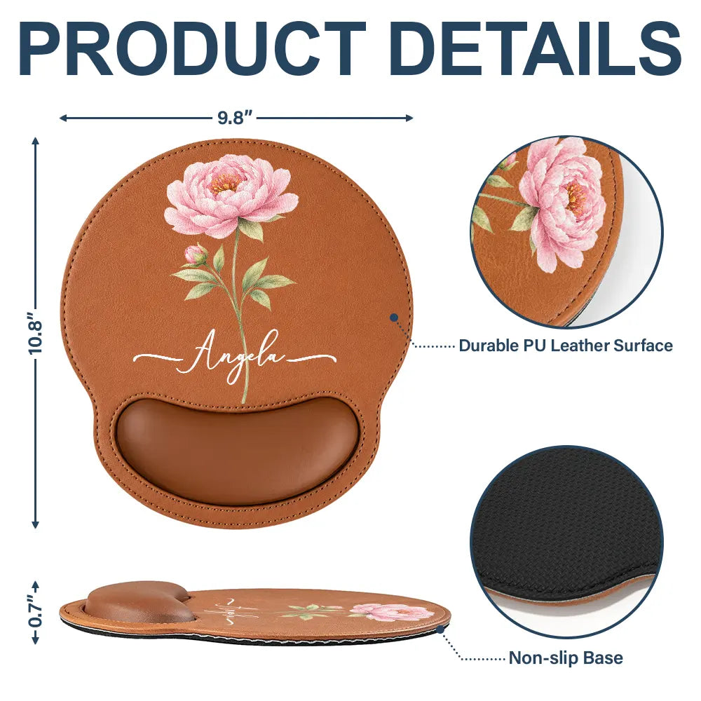 Gift For Yourself,Gift For Women,Confident,Icon - Watercolor Birth Flower Custom Name - Personalized Leather Mouse Pad