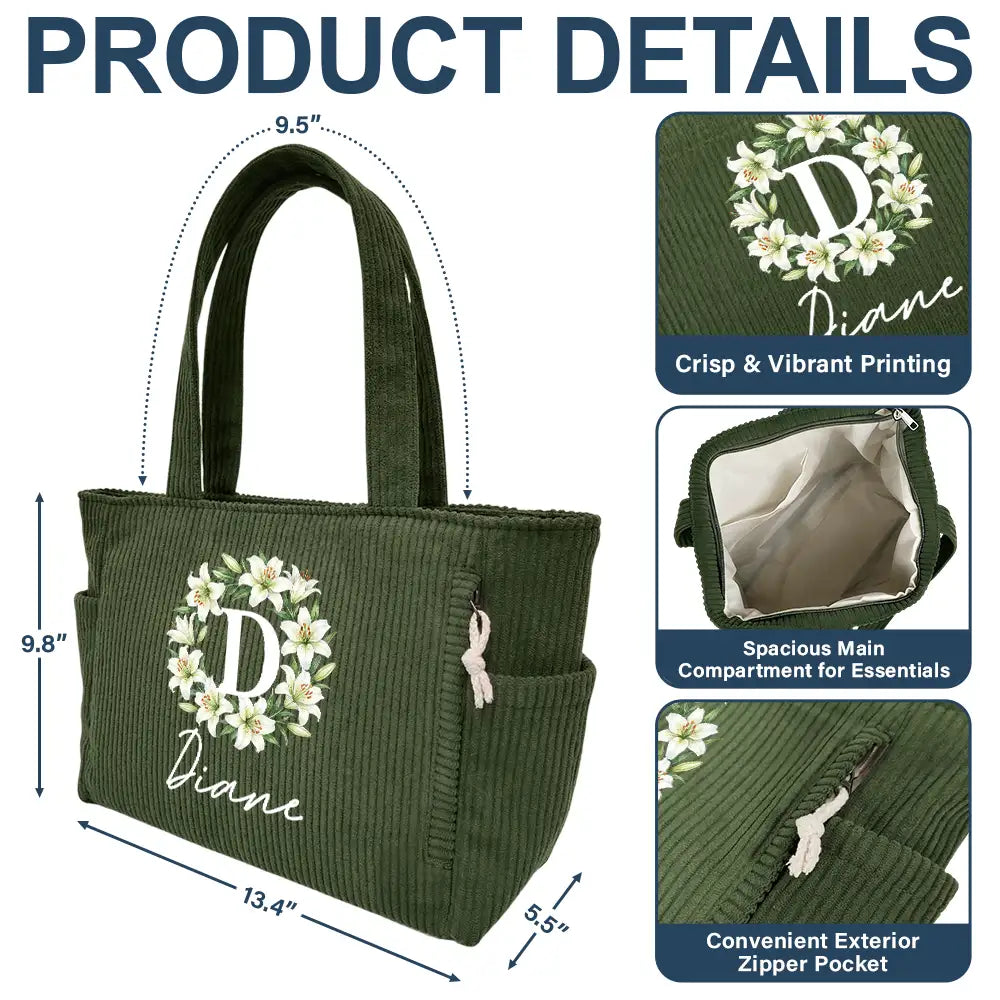 Gift For Wife,Gift For Girlfriend,Gift For Yourself,Gift For Aunt,Gift For Women,Gift For Mother,Gift For Grandma,Gift For Daughter,Gift For Sisters,Gift For Bestie,Gifts For Colleagues - Watercolor Birth Flower Wreath - Personalized Corduroy Tote Bag