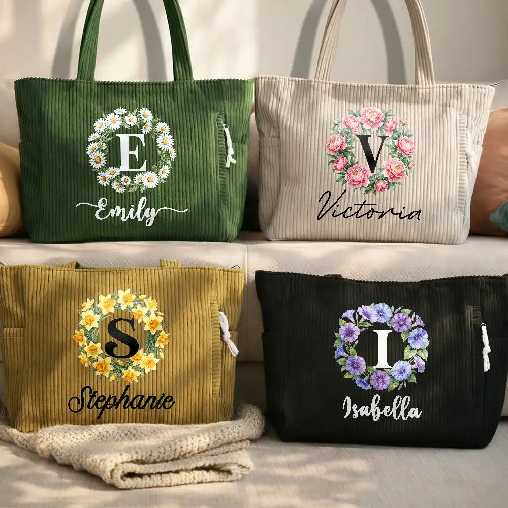 Watercolor Birth Flower Wreath - Personalized Corduroy Tote Bag