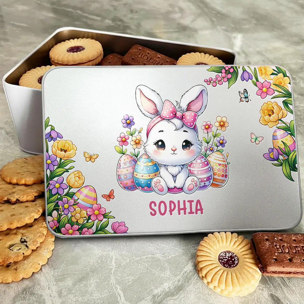 Watercolor Bunny Chicken With Name - Personalized Metal Biscuit Tin