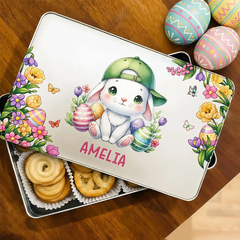 Easter, Happy, Gift For Kids, Parents - Watercolor Bunny Chicken With Name - Personalized Metal Biscuit Tin