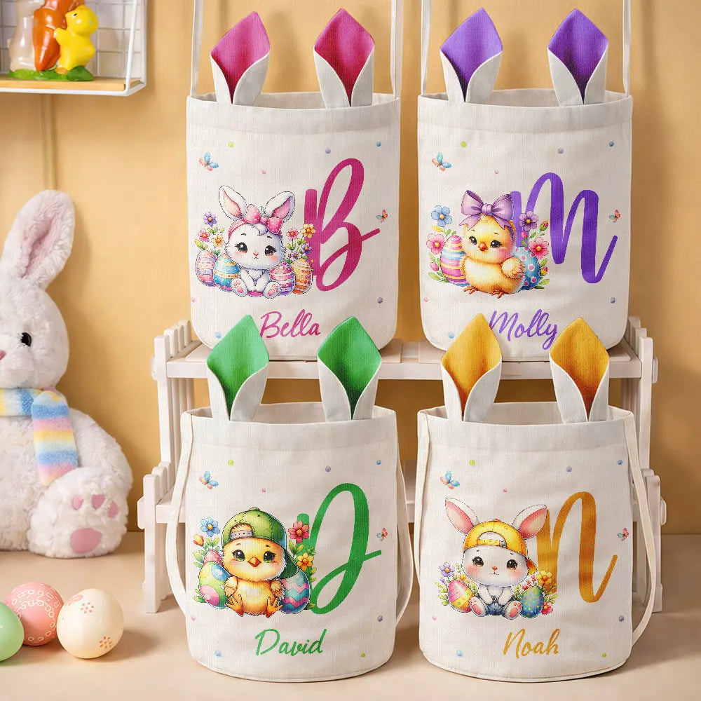 Easter,Gift For Kids,Grandma - Grandkids,Gift For Grandkids,Grandpa - Grandkids,Dad - Children,Mom - Children,Happy - Watercolor Easter Bunny And Alphabet Letters - Personalized Bunny Ears Bucket Bag