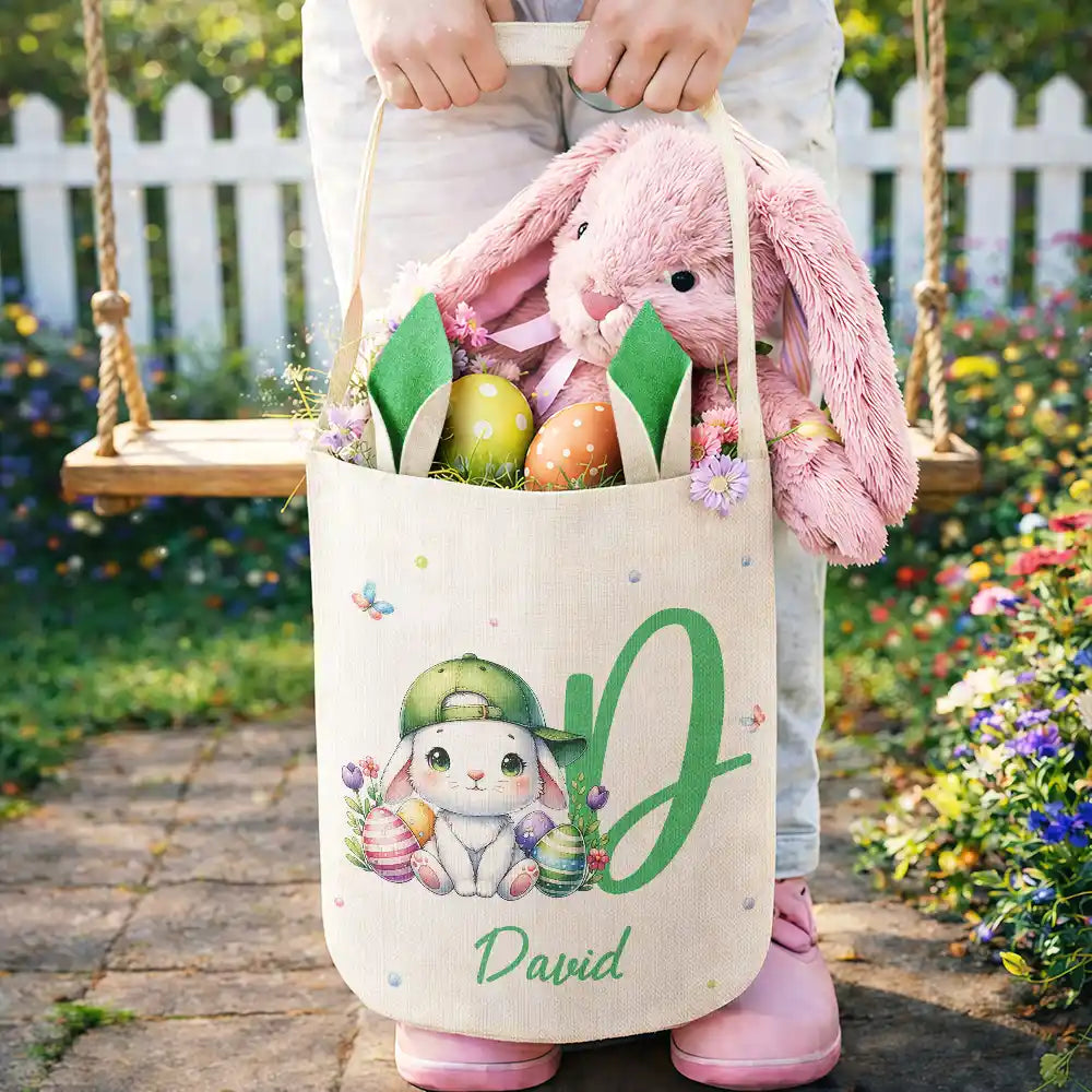 Easter,Gift For Kids,Grandma - Grandkids,Gift For Grandkids,Grandpa - Grandkids,Dad - Children,Mom - Children,Happy - Watercolor Easter Bunny And Alphabet Letters - Personalized Bunny Ears Bucket Bag