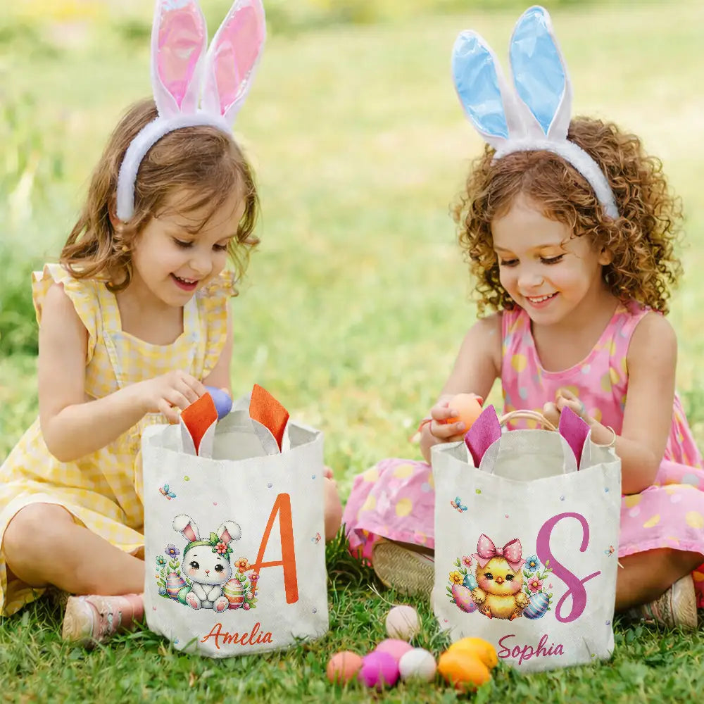 Easter,Gift For Kids,Grandma - Grandkids,Gift For Grandkids,Grandpa - Grandkids,Dad - Children,Mom - Children,Happy - Watercolor Easter Bunny And Alphabet Letters - Personalized Bunny Ears Bucket Bag