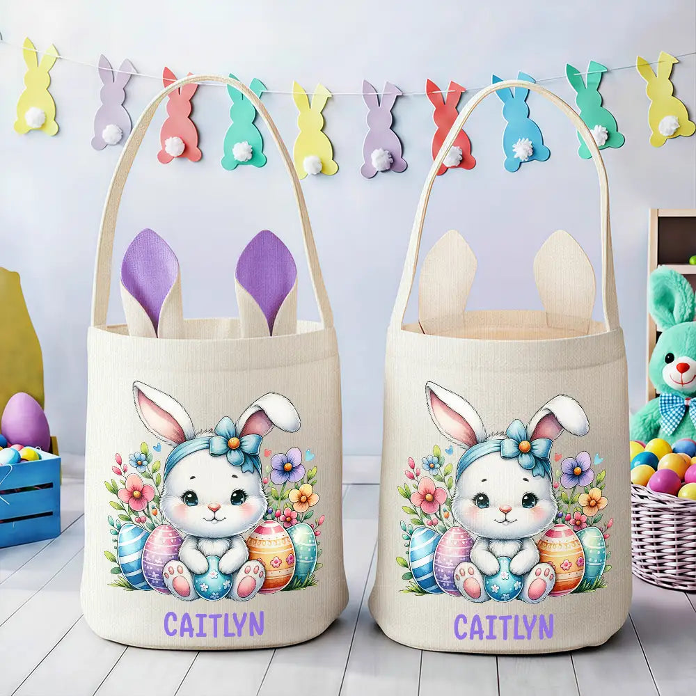 Gift For Kids,Grandpa,Grandkids,Grandma,Gift For Grandkids,Easter - Watercolor Easter Bunny With Name - Personalized Bunny Ears Bucket Bag