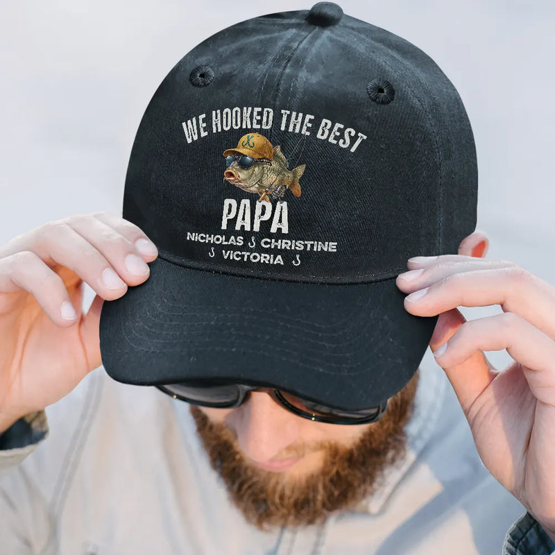 Gift For Husband,Gift For Men,Gift For Yourself,Gift For Grandpa,Gift For Father,Fishing,Icon,Humorous - We Hooked The Best Dad Grandpa - Personalized Vintage Washed Denim Cap