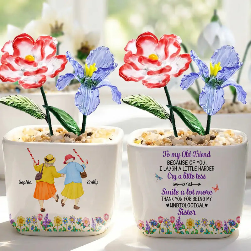 Gift For Bestie, Old Besties, Top Market, Humorous, Vector - We'll Be Friends Until We're Old And Senile - Personalized Glass Flower Plant Pot
