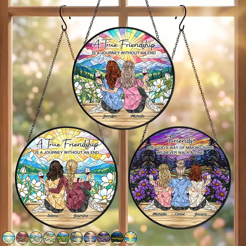 Afro Besties, Christmas, Gift For Bestie, Old Besties, Sentimental, Vector - Bestie Keepsake Just Because Gift - Personalized We Never Walk Alone Stained Glass Window Hanging Suncatcher