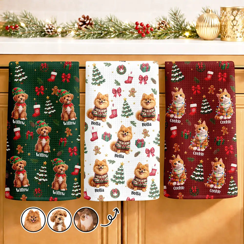 Art Design,Christmas,Custom Photo,Pet Lovers,Photo - Christmas Accessories 3D Cartoon Pet,Playful,Top Market - Christmas Gift For Pet Mom - Personalized Custom Photo Pet Name Festive Pattern Kitchen Towel