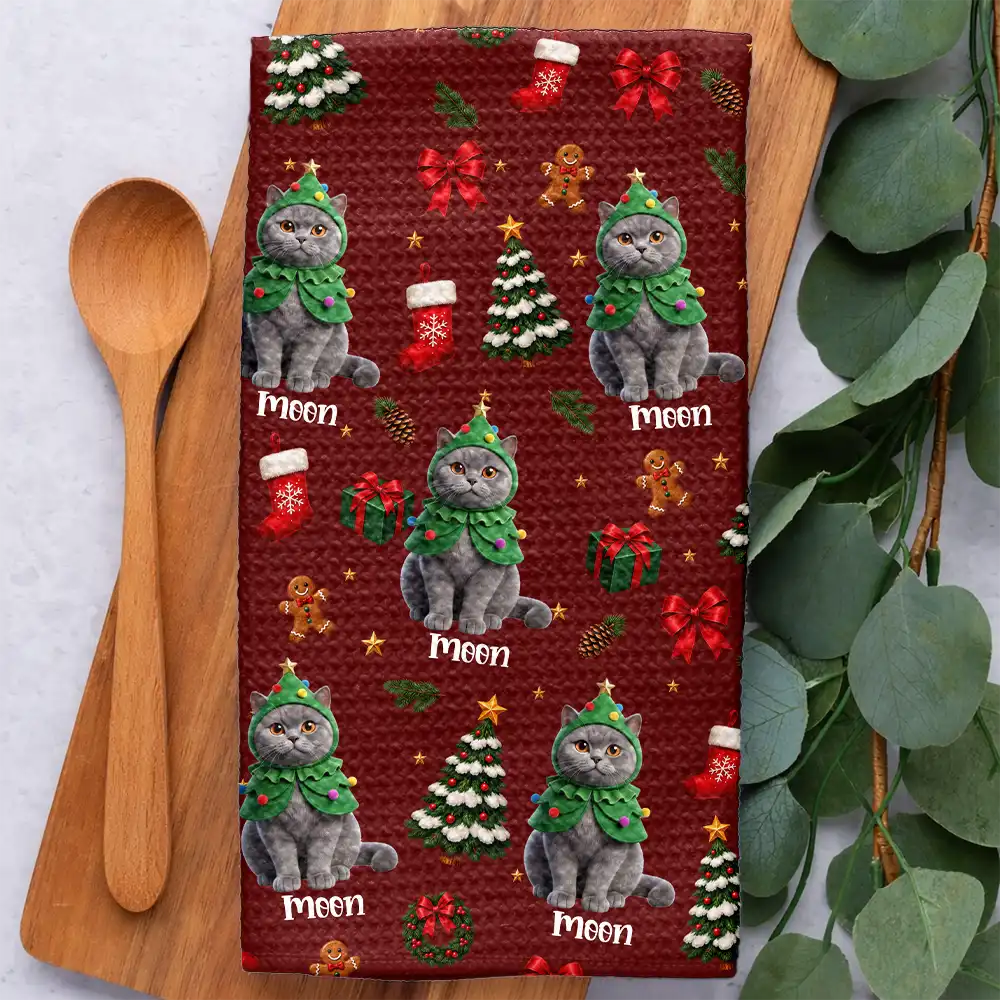 Art Design,Christmas,Custom Photo,Pet Lovers,Photo - Christmas Accessories 3D Cartoon Pet,Playful,Top Market - Christmas Gift For Pet Mom - Personalized Custom Photo Pet Name Festive Pattern Kitchen Towel
