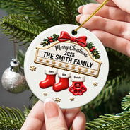 Christmas,Family,Happy,Icon - Christmas Gift For Family - Personalized Christmas Stocking 3D Embossed Circle Ceramic Ornament
