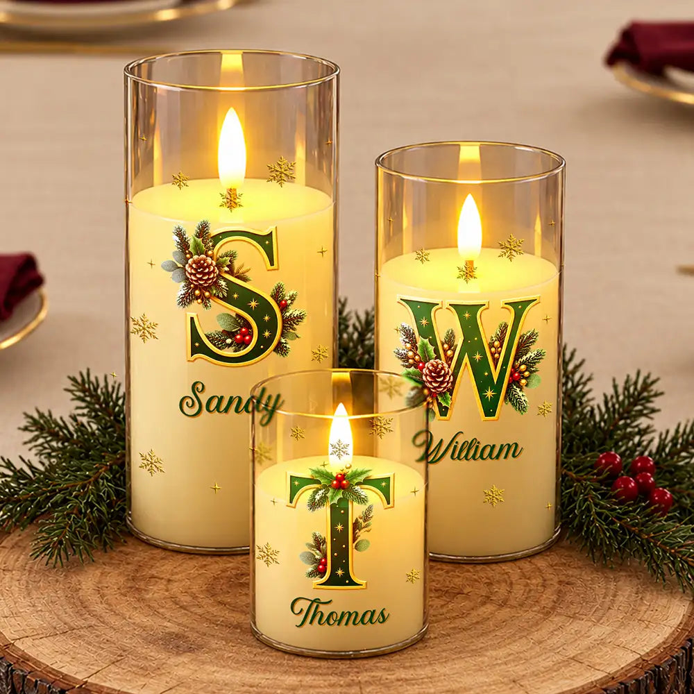 Christmas,Family,Icon,Sentimental - Christmas Home Decor Gift For Family - Personalized Monogram & Family Name Holly Botanical Initial LED Candle