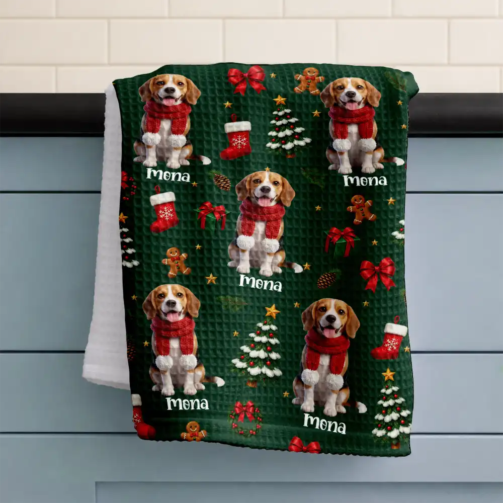 Art Design,Christmas,Custom Photo,Pet Lovers,Photo - Christmas Accessories 3D Cartoon Pet,Playful,Top Market - Christmas Gift For Pet Mom - Personalized Custom Photo Pet Name Festive Pattern Kitchen Towel