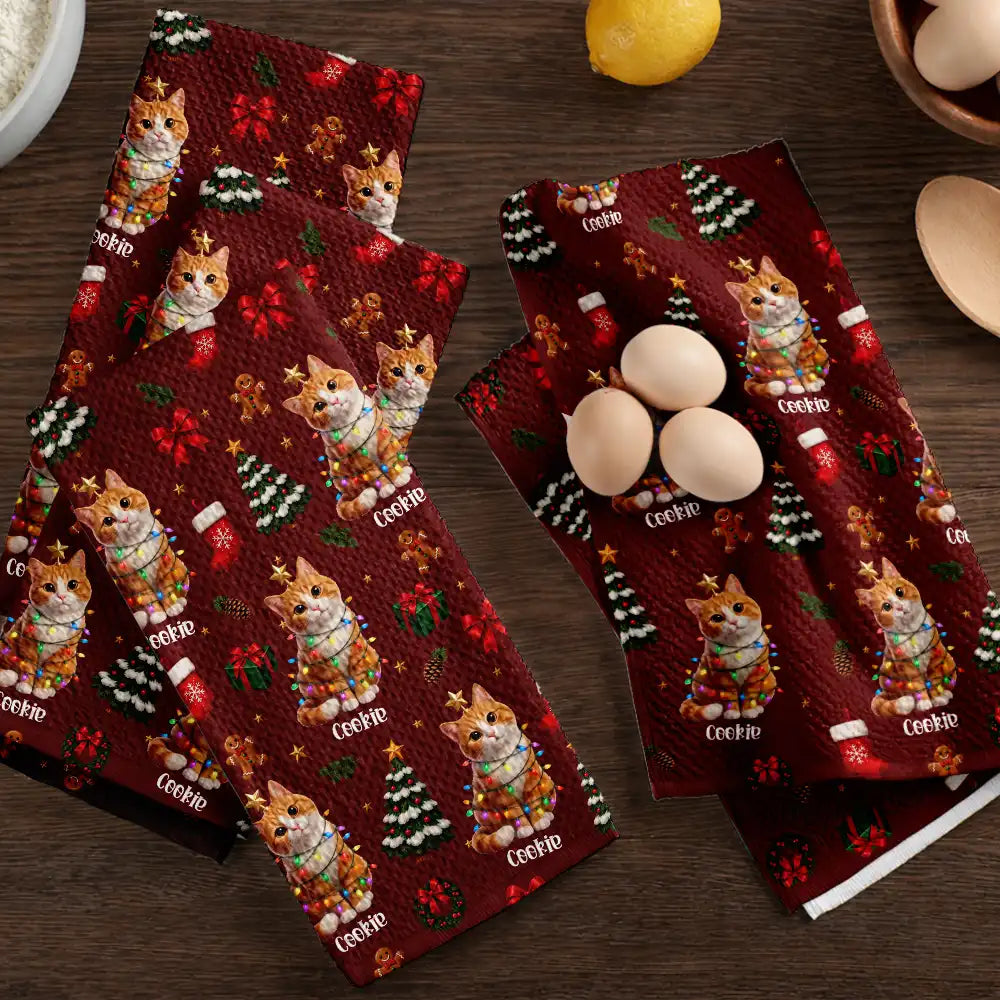 Art Design,Christmas,Custom Photo,Pet Lovers,Photo - Christmas Accessories 3D Cartoon Pet,Playful,Top Market - Christmas Gift For Pet Mom - Personalized Custom Photo Pet Name Festive Pattern Kitchen Towel